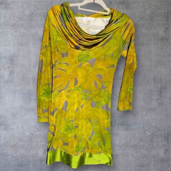 Beautiful 60's Mod Dress Vintage Green/Yellow  Cowl Neckline Size Large - Picture 6 of 11